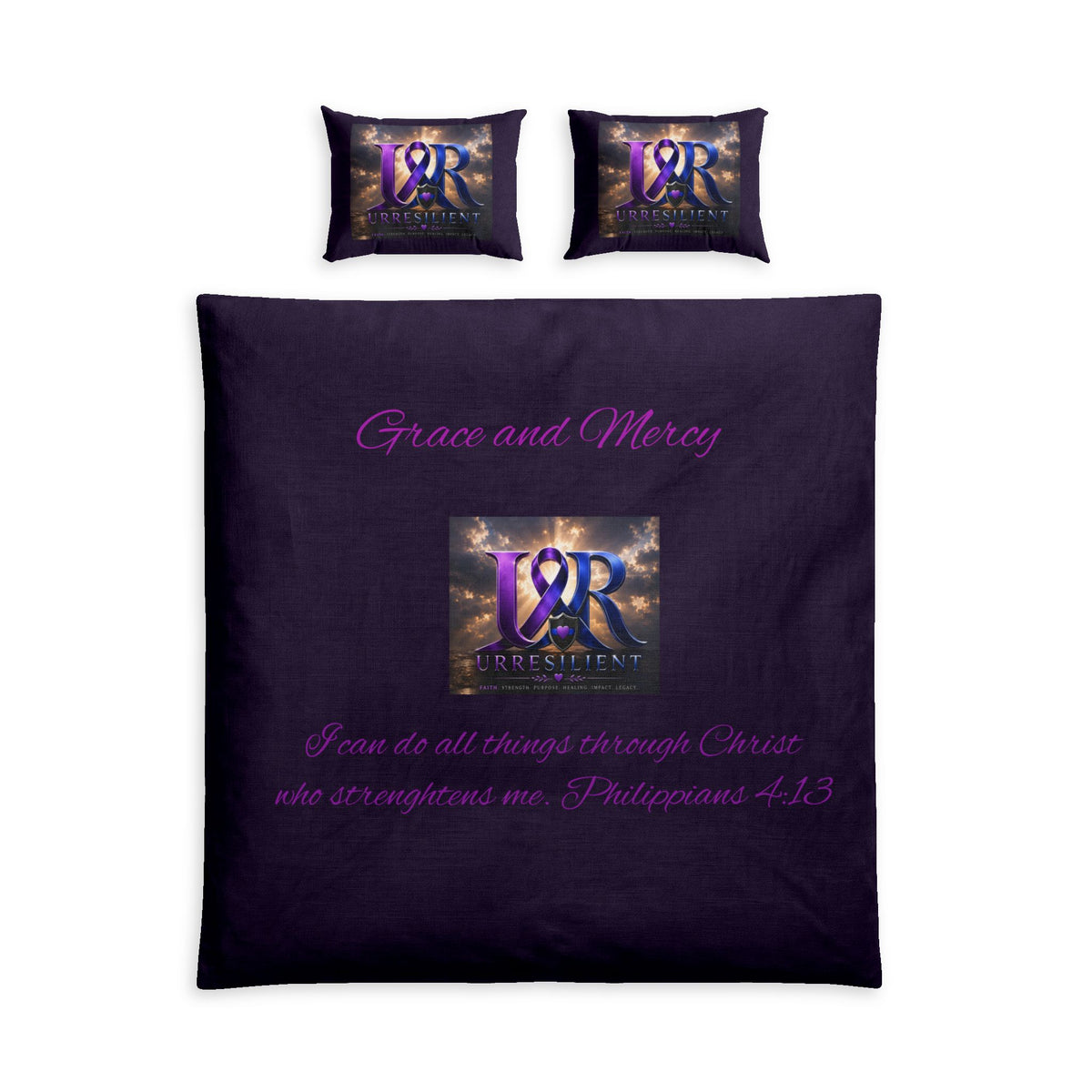 Duvet Cover Set – 'Grace and Mercy' Purple Faith Bedding with Inspirational Scripture