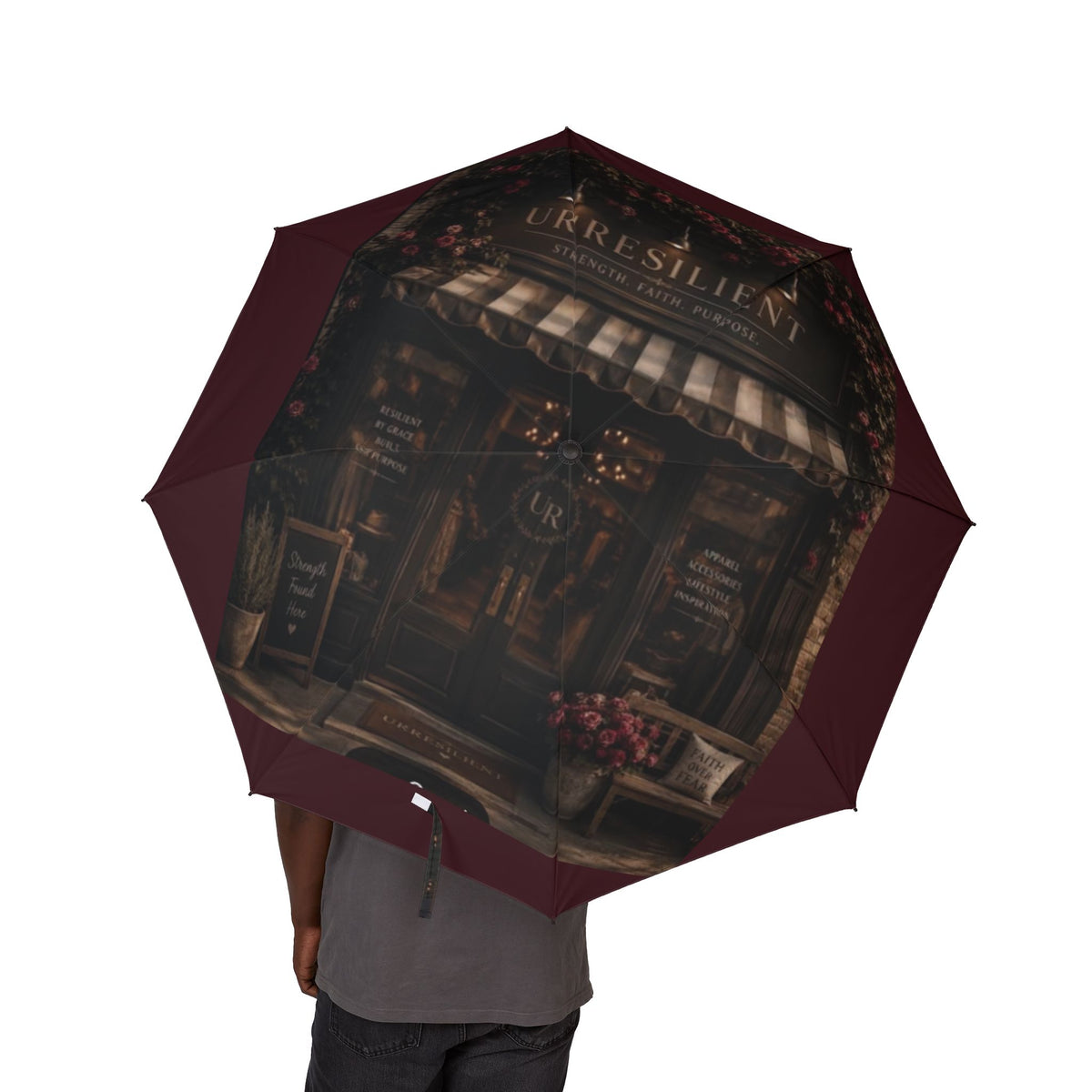 Resilient Café Foldable Umbrella — Semi‑Automatic Compact Travel Umbrella with 'URRESILIENT' Vintage Design