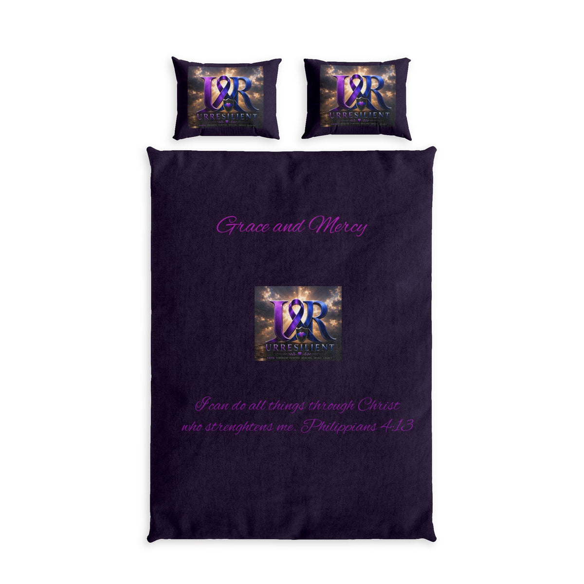 Duvet Cover Set – 'Grace and Mercy' Purple Faith Bedding with Inspirational Scripture