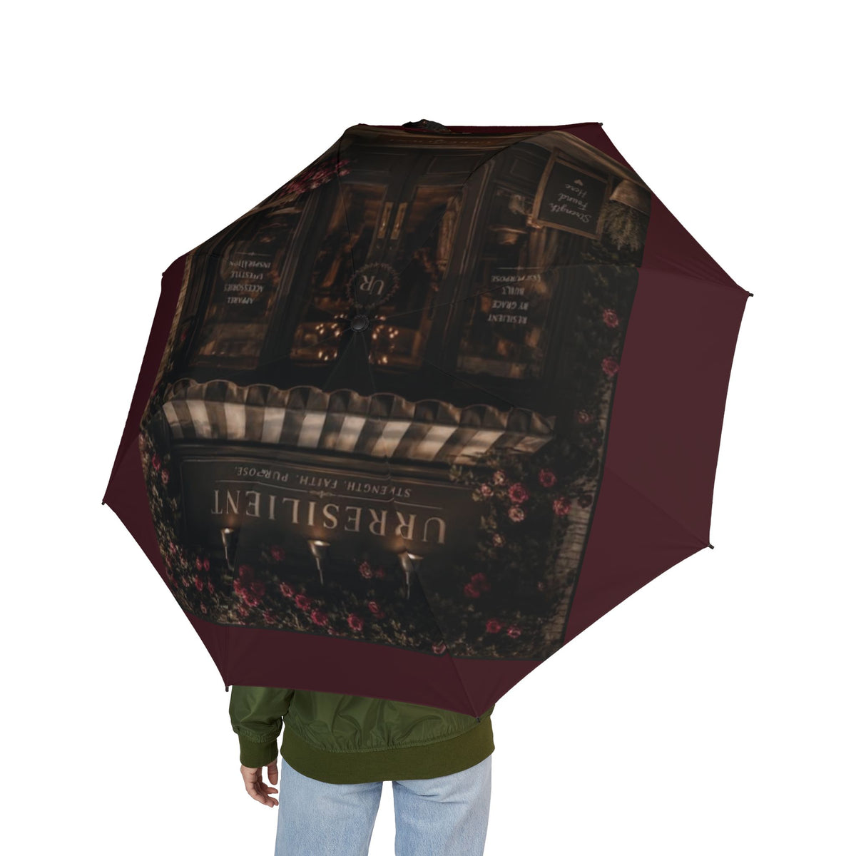 Resilient Café Foldable Umbrella — Semi‑Automatic Compact Travel Umbrella with 'URRESILIENT' Vintage Design