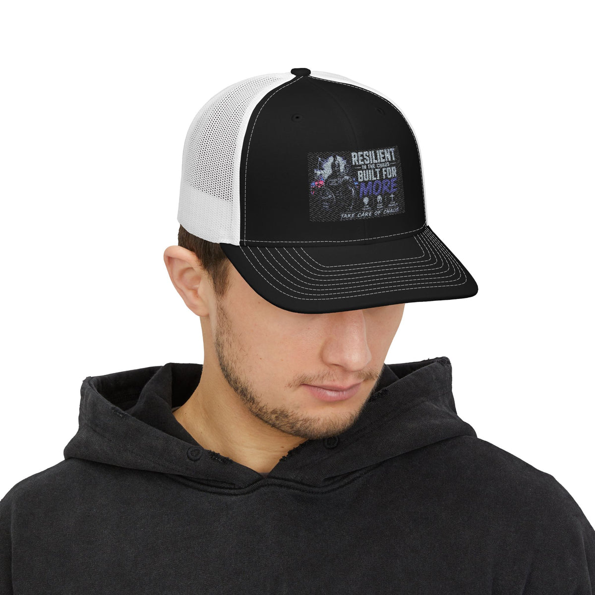 Resilient & Built For Winter Snapback Trucker Cap — Retro Mountain Rescue Patch