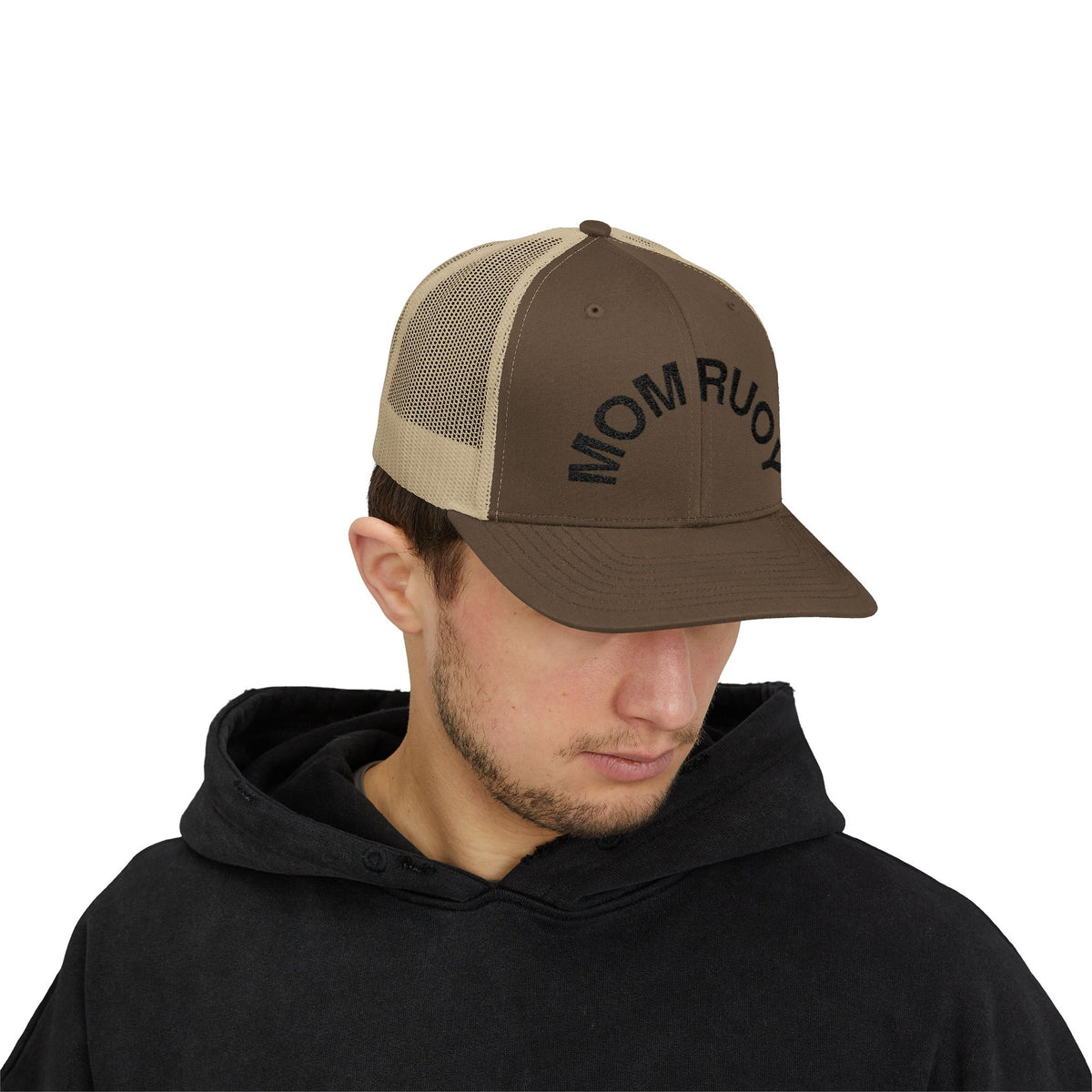 Mom Ruoy Snapback Trucker Cap — Rustic Mom Hat with Curved Text