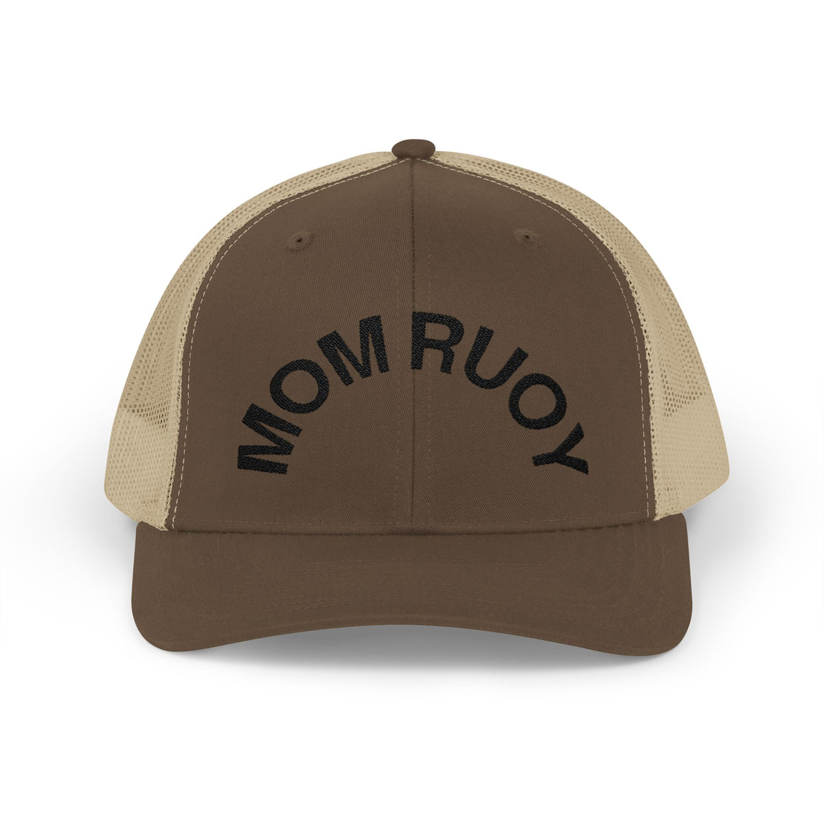 Mom Ruoy Snapback Trucker Cap — Rustic Mom Hat with Curved Text