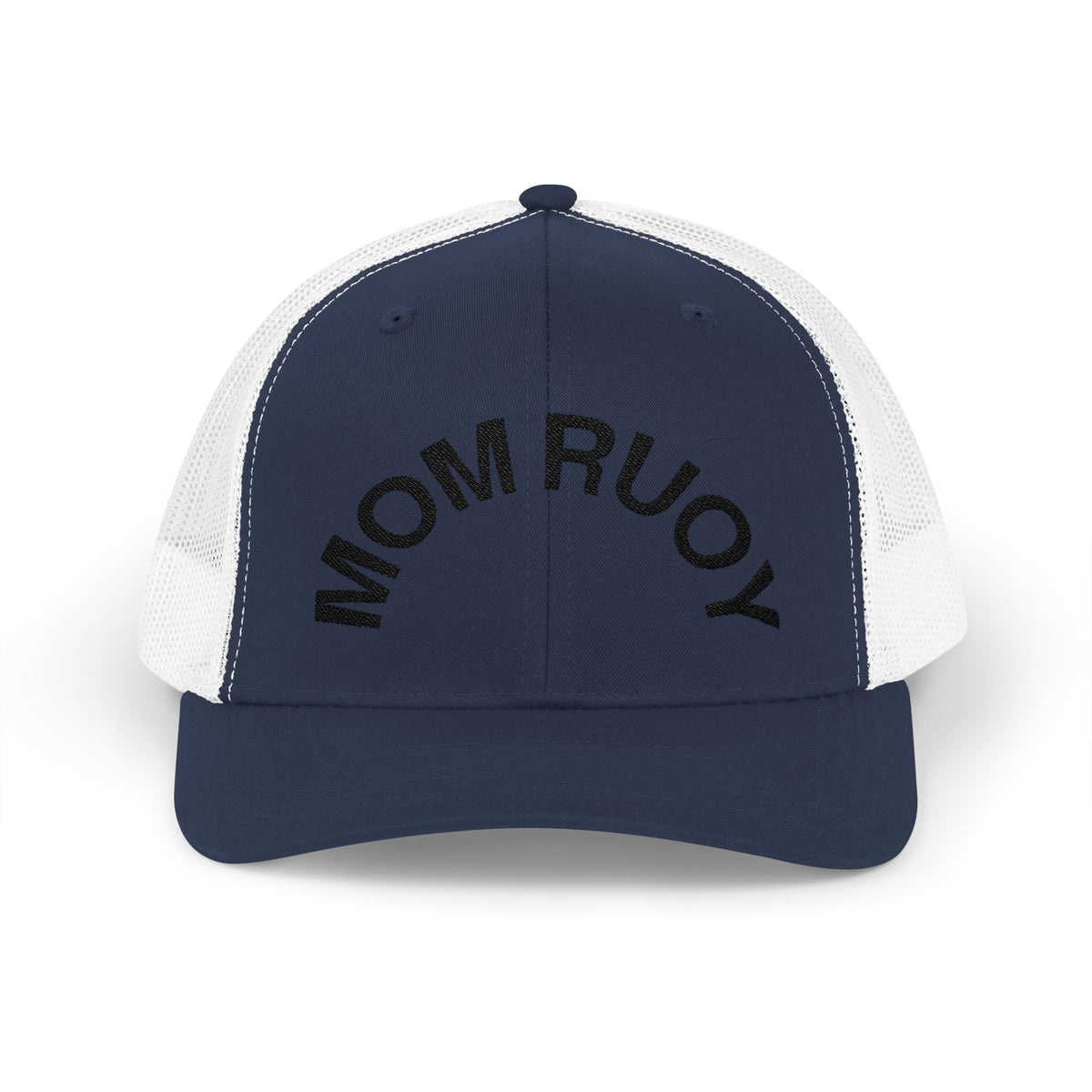 Mom Ruoy Snapback Trucker Cap — Rustic Mom Hat with Curved Text